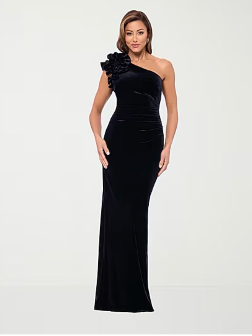 One-Shoulder Black Velvet Evening Gown with Floral Shoulder Detail size 18